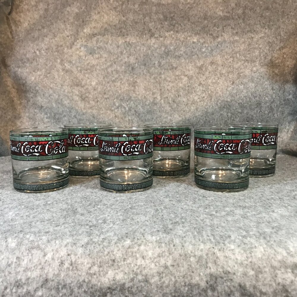 6 Coca Cola Glasses Vintage Tiffany Style Stained "Drink Coca Cola" Glass - Picture 2 of 12